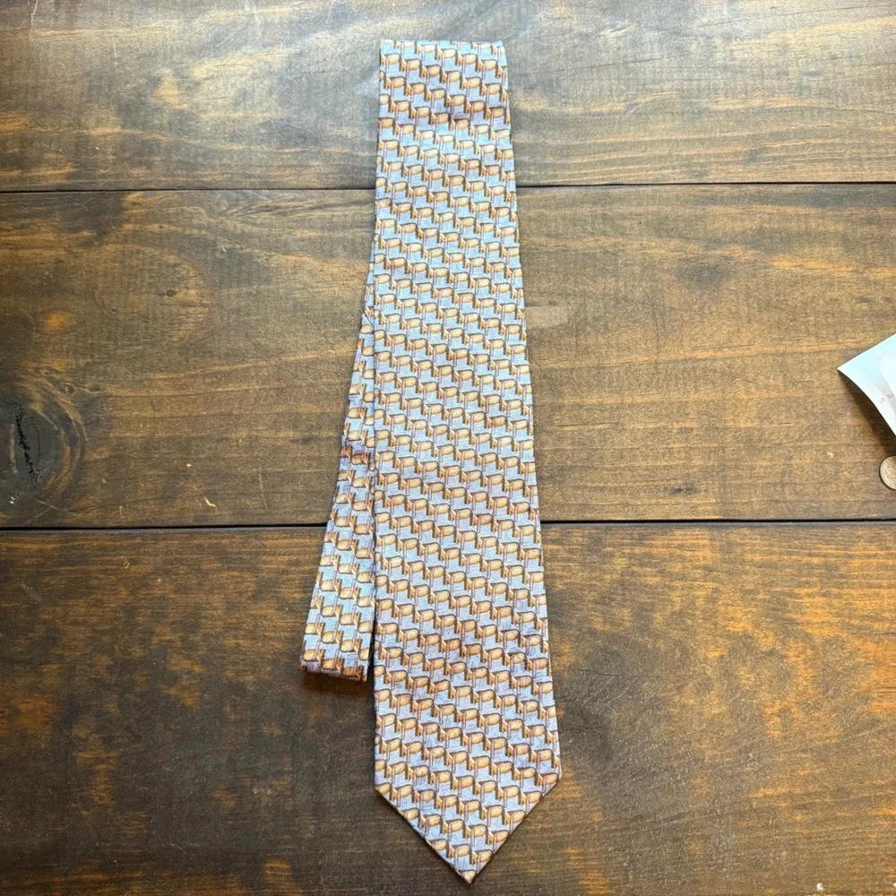 Ermenegildo Zegna Silk Tie OS Geometric Chair Pattern Blue Tan Italy Luxury